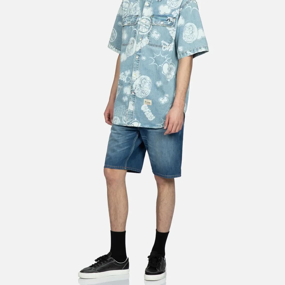 EVISU Graffiti Dharma Big M Print Denim Shorts Men's Denim Blue 6