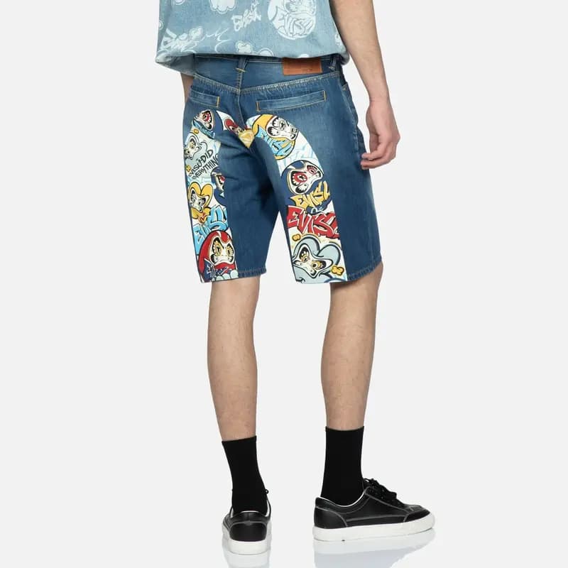 EVISU Graffiti Dharma Big M Print Denim Shorts Men's Denim Blue 4