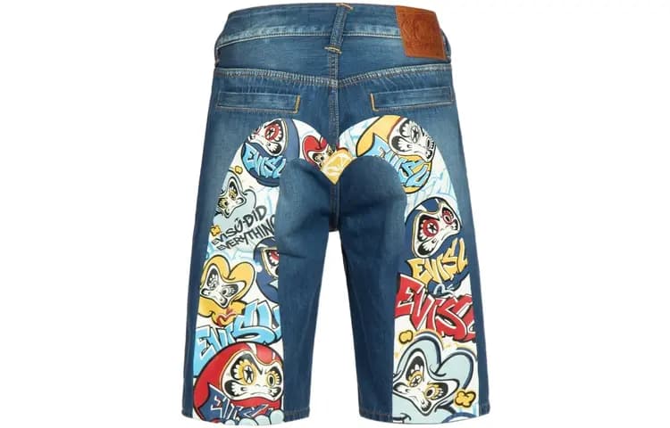 EVISU Graffiti Dharma Big M Print Denim Shorts Men's Denim Blue