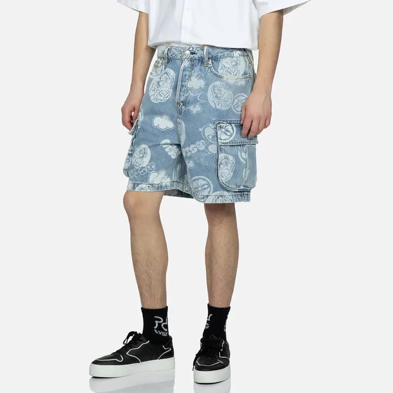 EVISU Graffiti Dharma & Home Flower Discharge Print Workwear Denim Shorts Men's Denim Blue 3