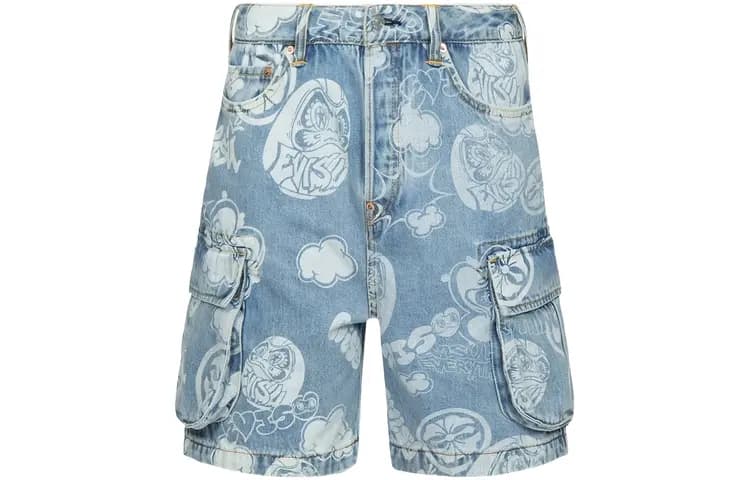 EVISU Graffiti Dharma & Home Flower Discharge Print Workwear Denim Shorts Men's Denim Blue