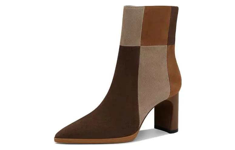 JESSICA SOPHIA Vintage Color-Block Stitched High-Heel Short Boots Women's