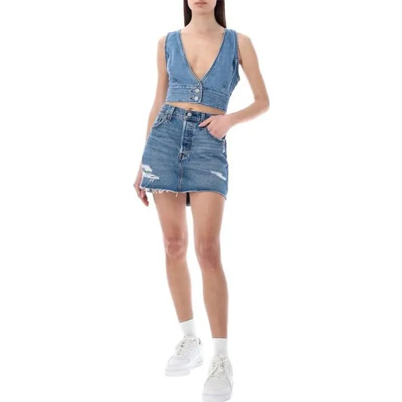 Levis SS23 Distressed Button-Front Denim Mini Skirt Blue 2