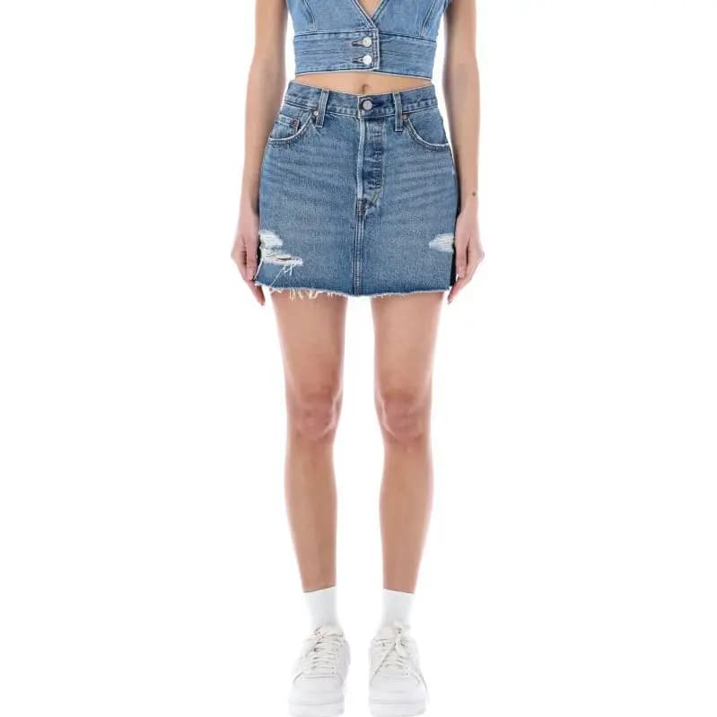 Levis SS23 Distressed Button-Front Denim Mini Skirt Blue 3