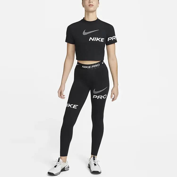 Nike Pro Logo Letter Print High-Waist Fitted Leggings Women's Black 3