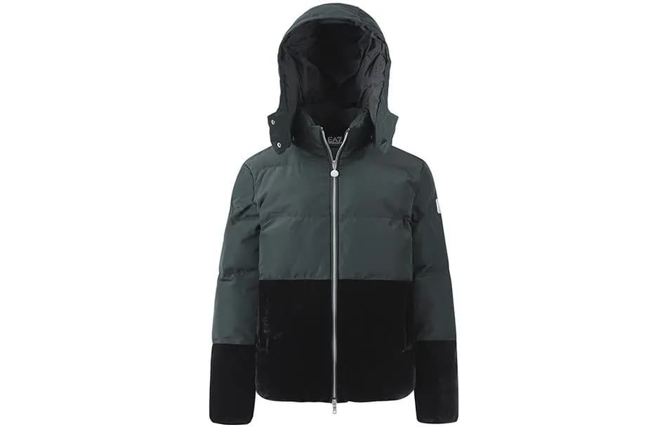 EMPORIO ARMANI FW22 EA7 Series Patchwork Casual Removable Hood Puffer Jacket Black