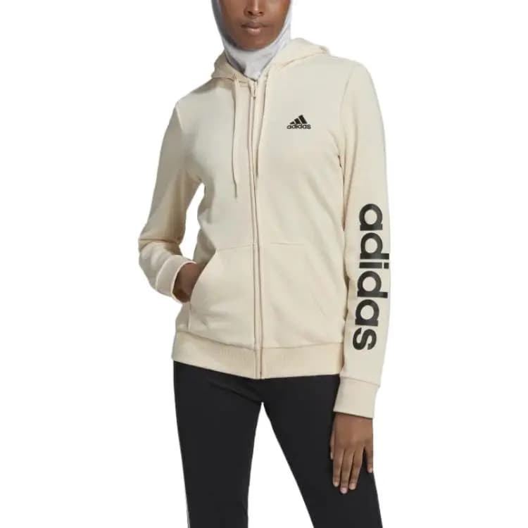 adidas Side Logo Brand Print Zip-Up Fitted Hoodie Women's Off-White 2