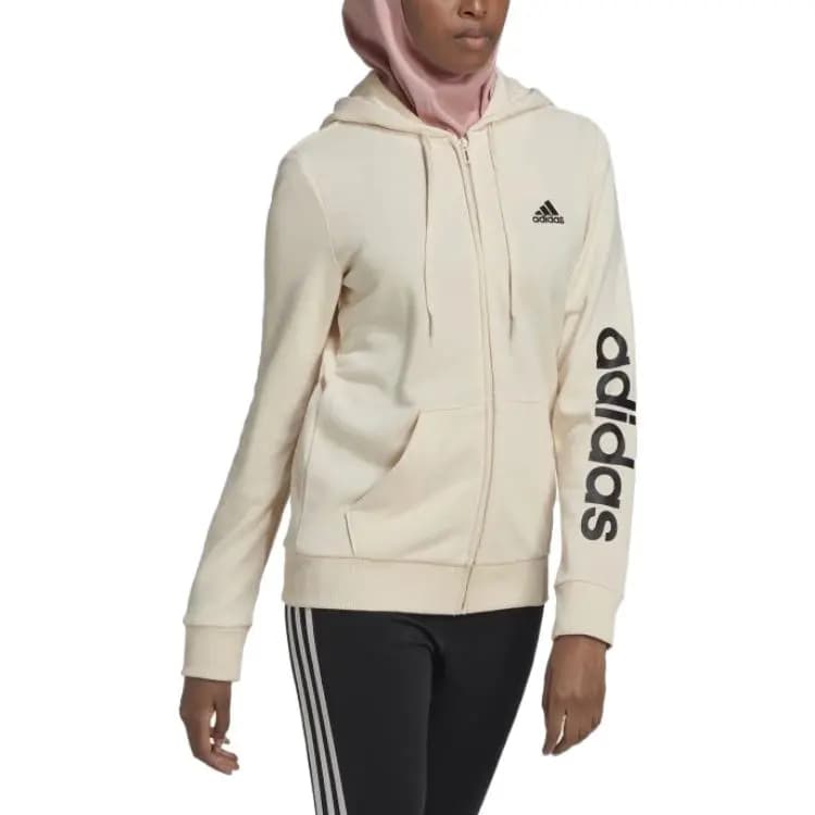adidas Side Logo Brand Print Zip-Up Fitted Hoodie Women's Off-White 4