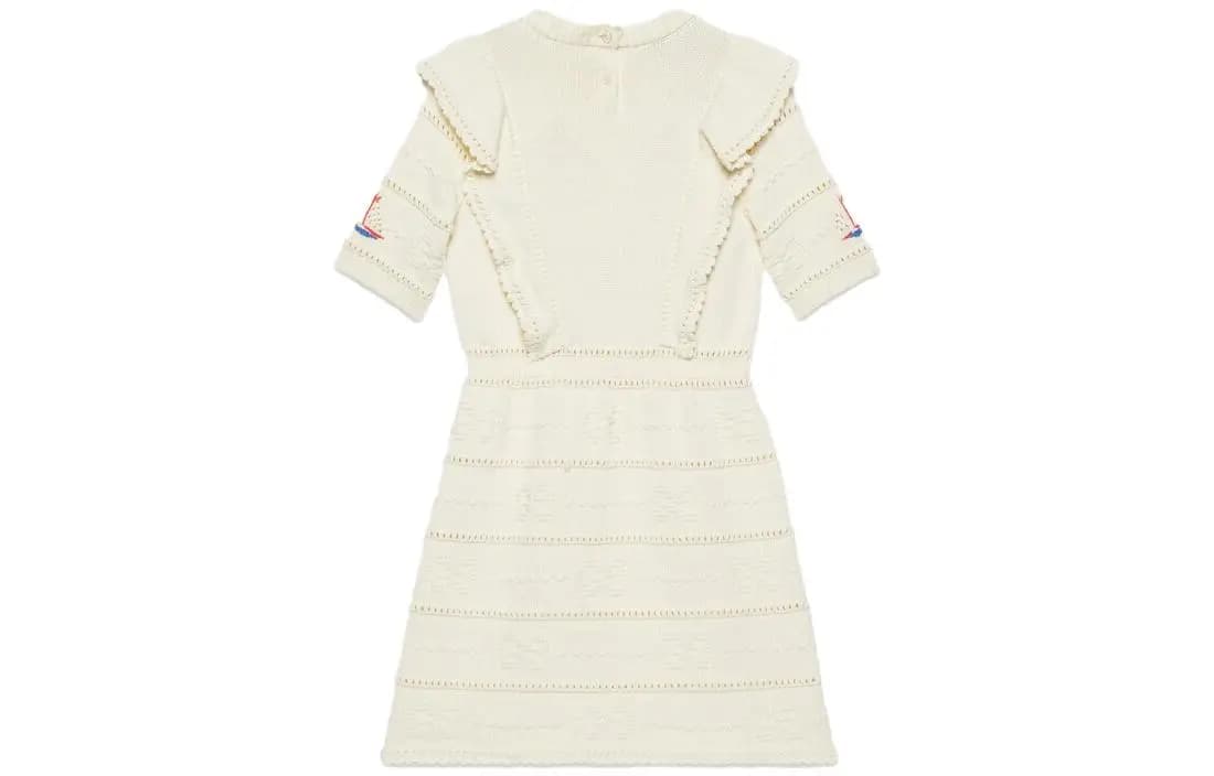 Kids GUCCI SS23 Sailboat Pattern Embroidery Casual Short Sleeve Dress Girls Beige 2