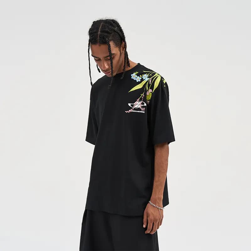 HARSH AND CRUEL C Series Street Floral Embroidery Simple Logo Print Loose Short Sleeve T-Shirt Unisex 3
