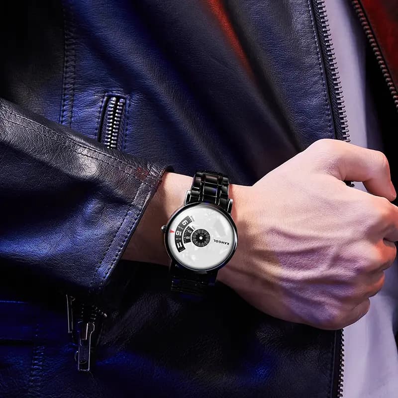 KANGOL Wormhole Concept No-Pin Black Hole Retro Fashion Gemini Waterproof Black Wormhole Quartz Movement Metal Strap Men's Watch Black Dial KANGOL-KX836 4