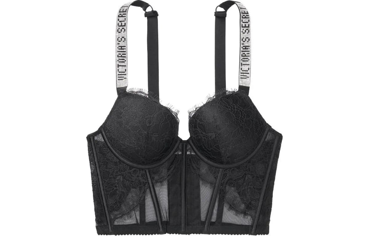 VICTORIA'S SECRET Rhinestone Logo Floral Lace Qadın Büstqalteri Qara