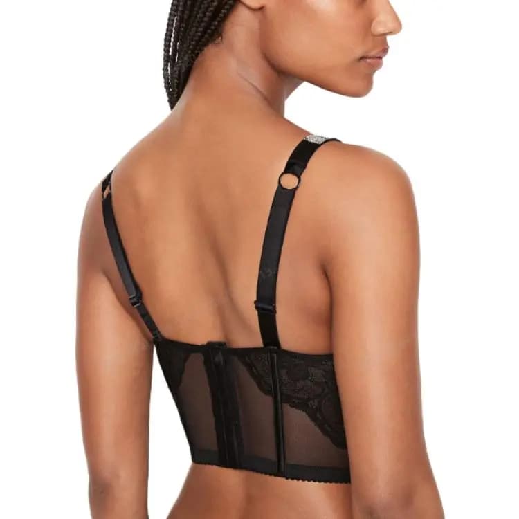 VICTORIA'S SECRET Rhinestone Logo Floral Lace Qadın Büstqalteri Qara 3