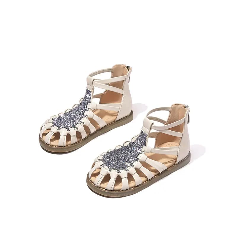 Kids Snoffy Roman Style Sequins High-Top Anti-Slip Sandals Silver White 3