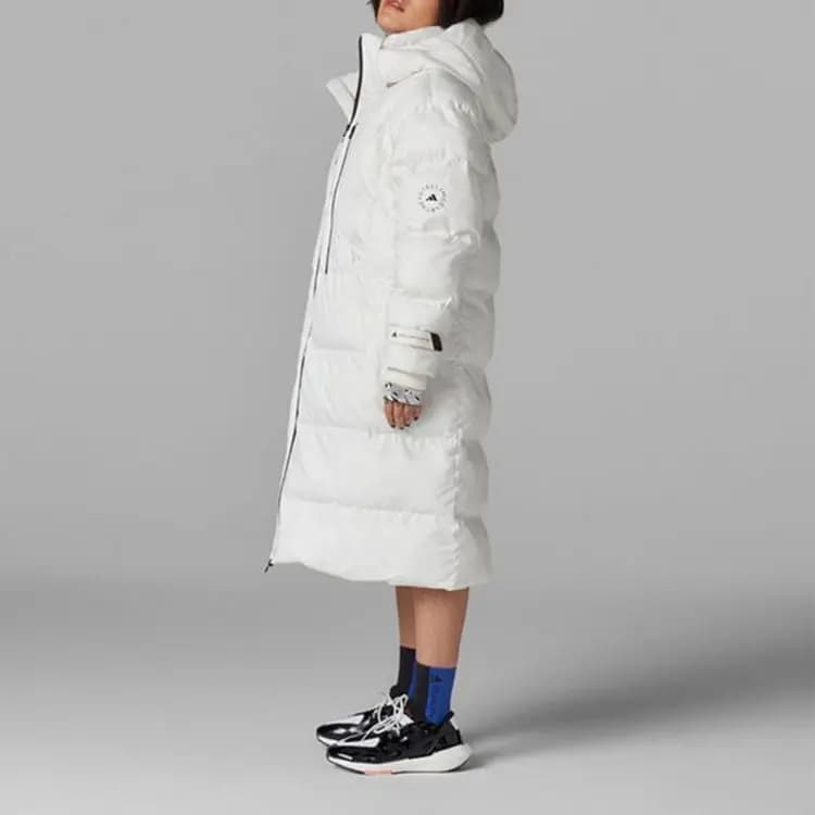 adidas Solid Color Hooded Zip Long Puffer Jacket Women's White 4