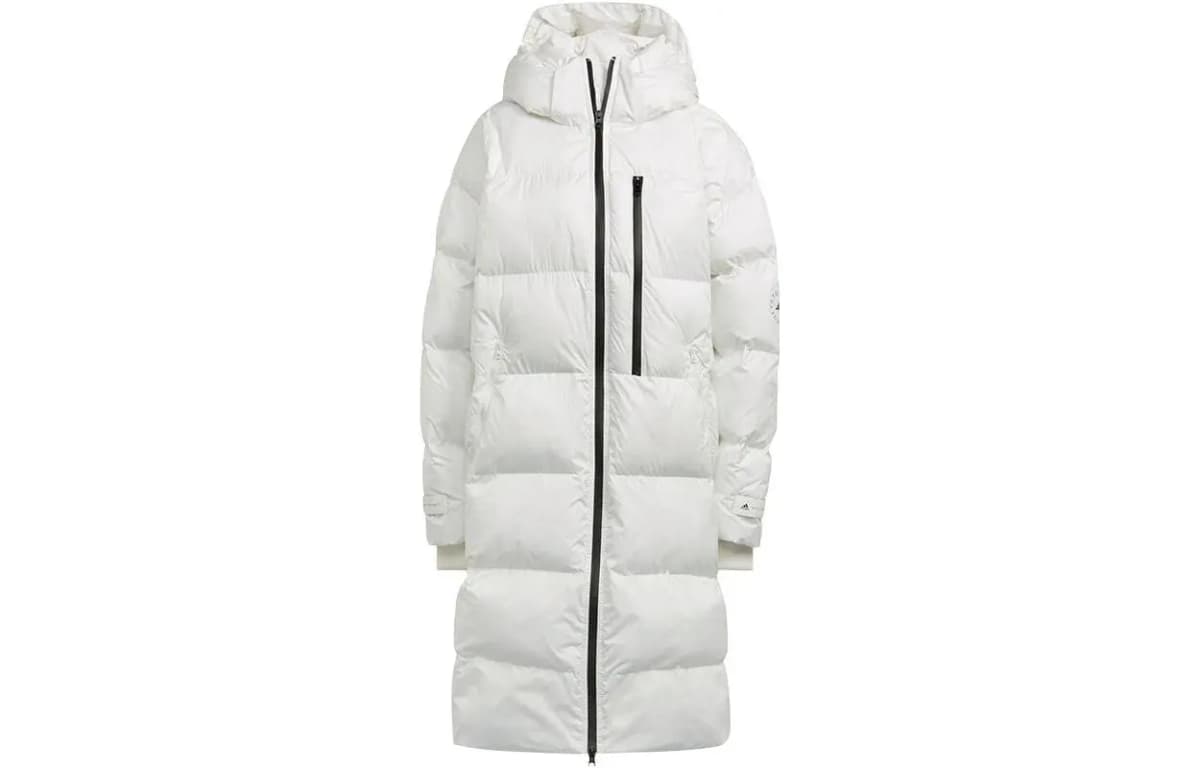 adidas Solid Color Hooded Zip Long Puffer Jacket Women's White