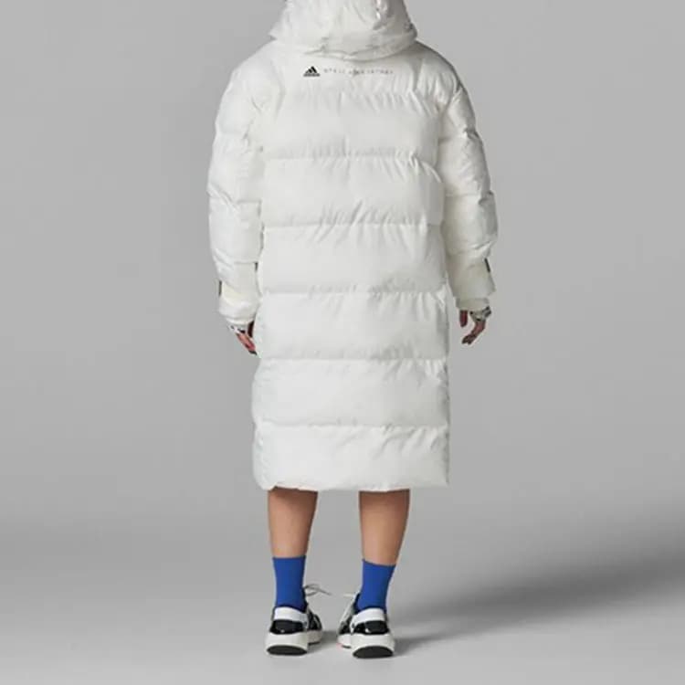 adidas Solid Color Hooded Zip Long Puffer Jacket Women's White 3