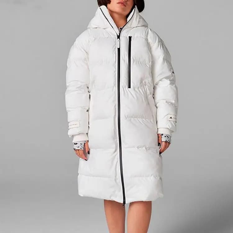 adidas Solid Color Hooded Zip Long Puffer Jacket Women's White 2