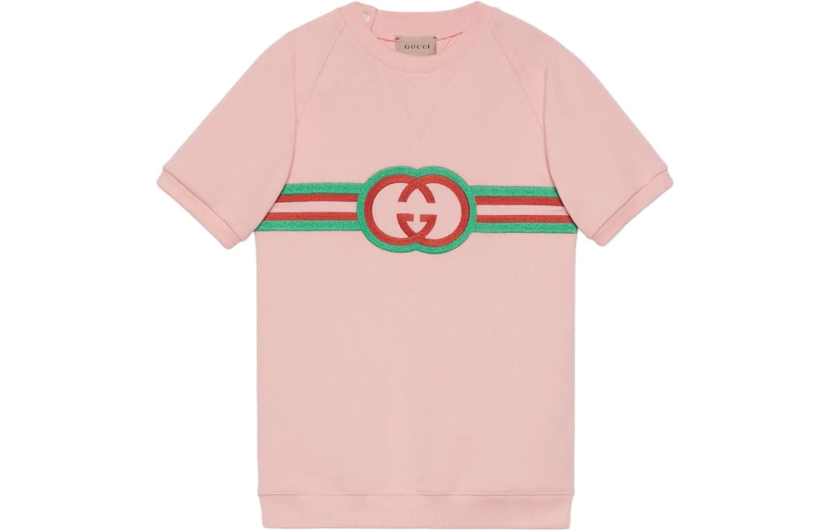 GUCCI Zolaqlı Logo Printli Don Qız Uşaq Çəhrayı