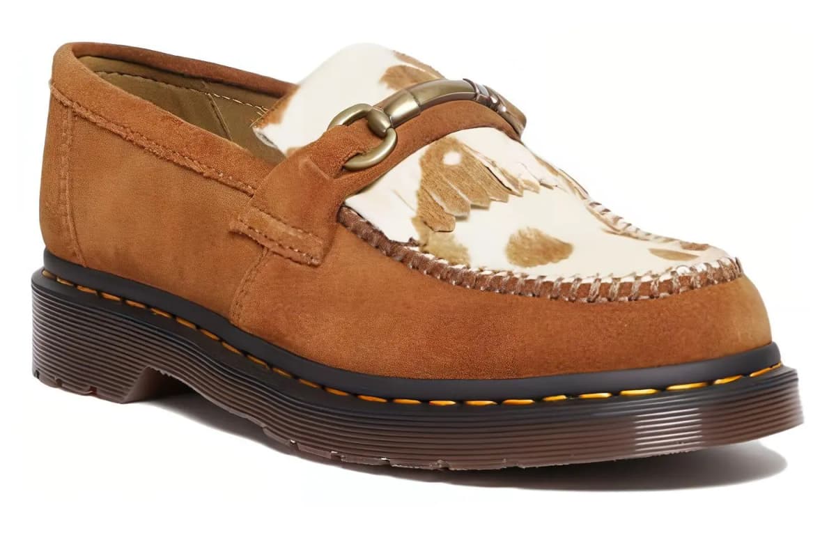 Dr.Martens Adrian Snaffle Hair On Cow Print Kiltie Loafers 'Pecan Brown' 3