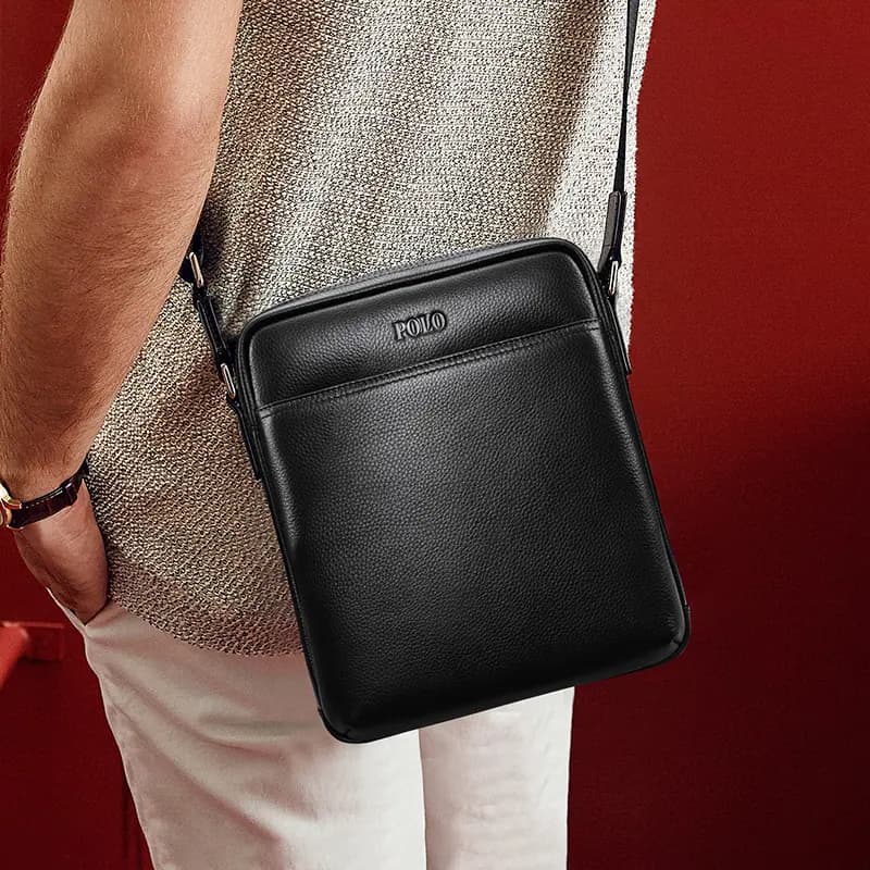 POLO Cow Leather Small Square Bag Men's Crossbody Bag Medium Men's Black 5