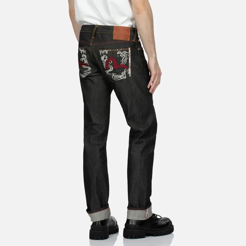 EVISU AW23 Small Seagull Texture Embroidered Slim Jeans Men's Black 3