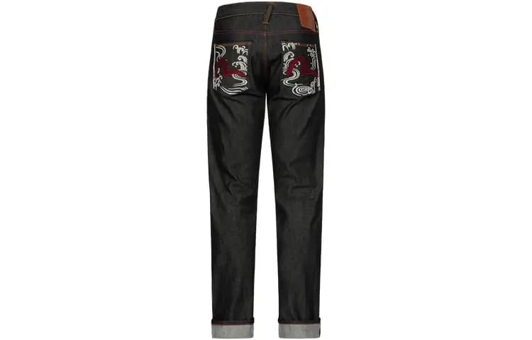 EVISU AW23 Small Seagull Texture Embroidered Slim Jeans Men's Black