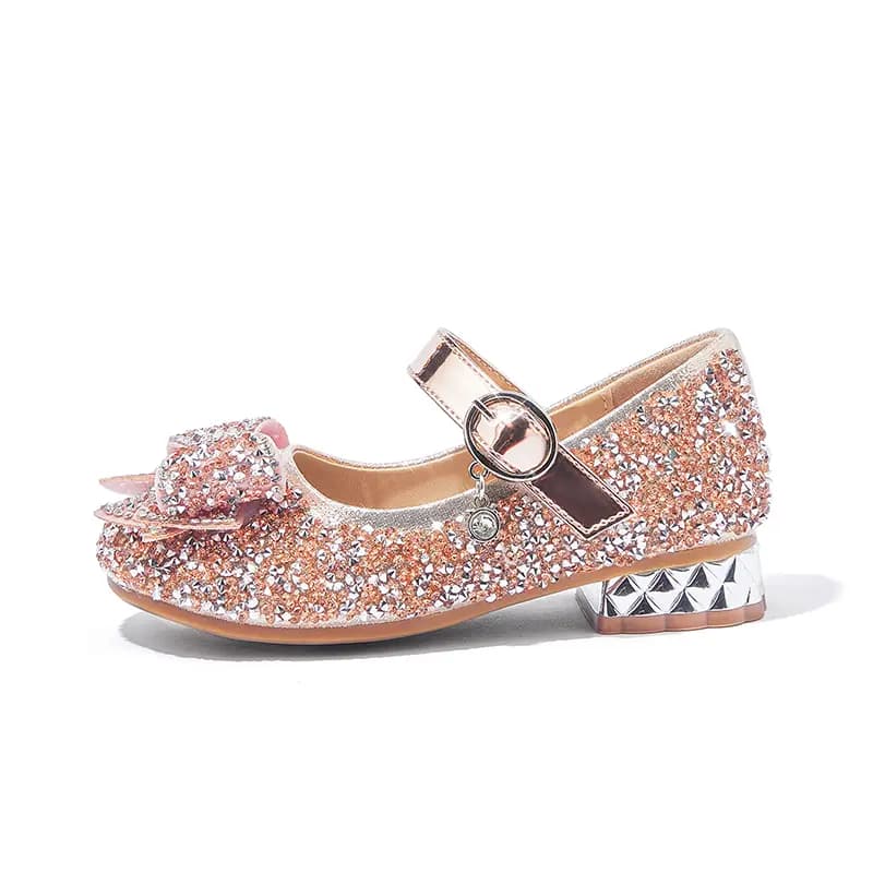 Snoffy Small High Heel Crystal Shoes Princess Shoes Durable Breathable Low Top Kids' Leather Shoes Champagne Gold Kids'