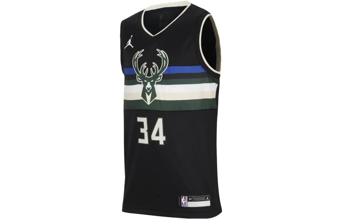 Jordan Kids Dri-FIT NBA Swingman Jersey Graphic Print Quick-Dry Basketball Jersey 2023-24 Season Milwaukee Bucks #34 Boys Black