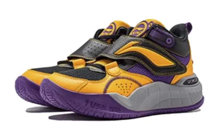 Big Kid LiNing Children's Territory Pre Casual Comfortable Anti-Slip Cushioning Wear-Resistant High-Top Kids Basketball Shoes Black-Purple-Yellow 3
