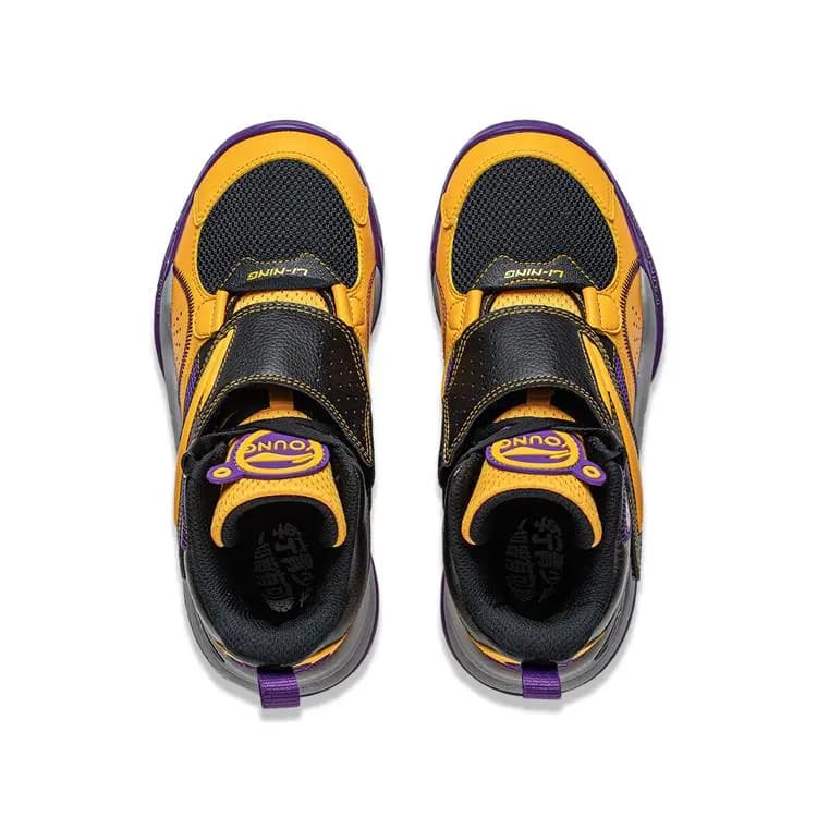 Big Kid LiNing Children's Territory Pre Casual Comfortable Anti-Slip Cushioning Wear-Resistant High-Top Kids Basketball Shoes Black-Purple-Yellow 5