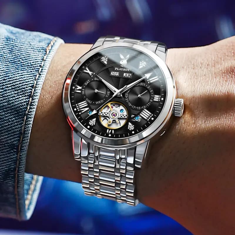 Playboy Roman Series Mechanical Saat Kişi Qara 61