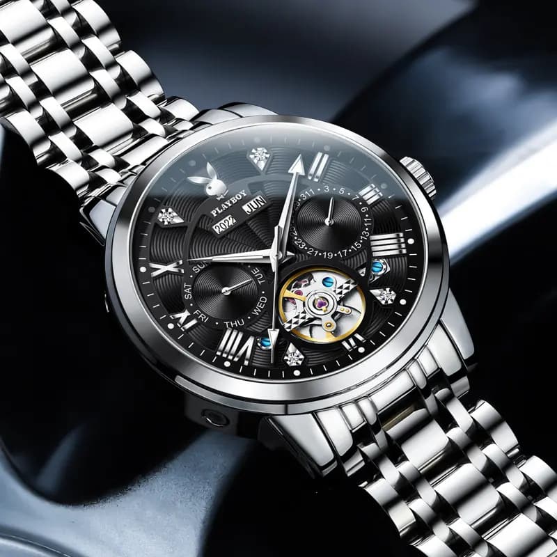 Playboy Roman Series Mechanical Saat Kişi Qara 59