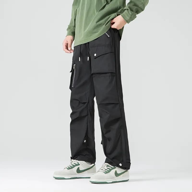 MEIPIN TANG Solid Color Drawstring Outdoor Tech Pleated Side Zipper Wind-Resistant Waterproof Multi-Pocket Cargo Pants Loose Straight Leg Casual Pants Unisex 13