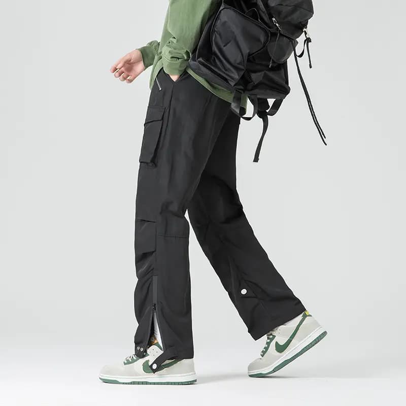 MEIPIN TANG Solid Color Drawstring Outdoor Tech Pleated Side Zipper Wind-Resistant Waterproof Multi-Pocket Cargo Pants Loose Straight Leg Casual Pants Unisex 15