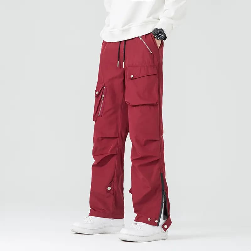 MEIPIN TANG Solid Color Drawstring Outdoor Tech Pleated Side Zipper Wind-Resistant Waterproof Multi-Pocket Cargo Pants Loose Straight Leg Casual Pants Unisex 8
