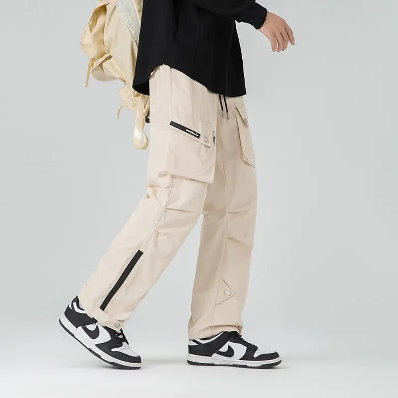 MEIPIN TANG Solid Color Drawstring Outdoor Tech Pleated Side Zipper Wind-Resistant Waterproof Multi-Pocket Cargo Pants Loose Straight Leg Casual Pants Unisex 4