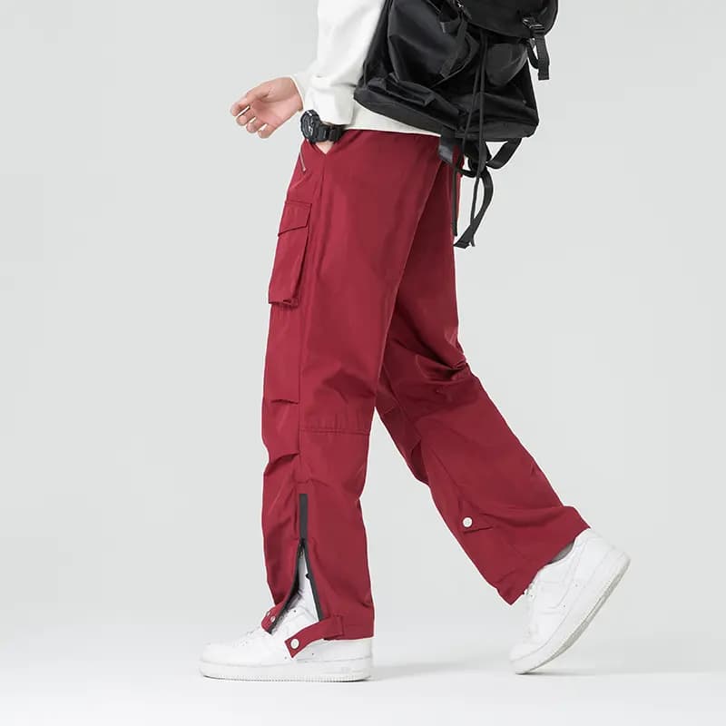 MEIPIN TANG Solid Color Drawstring Outdoor Tech Pleated Side Zipper Wind-Resistant Waterproof Multi-Pocket Cargo Pants Loose Straight Leg Casual Pants Unisex 9