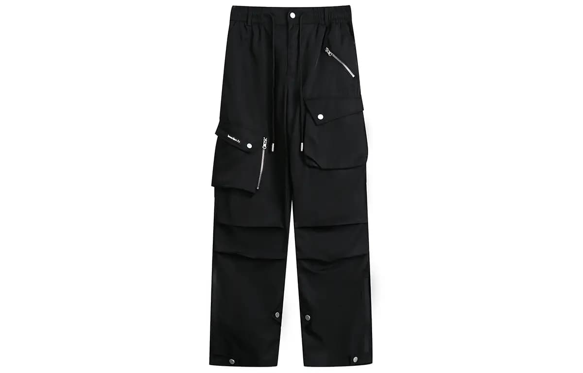 MEIPIN TANG Solid Color Drawstring Outdoor Tech Pleated Side Zipper Wind-Resistant Waterproof Multi-Pocket Cargo Pants Loose Straight Leg Casual Pants Unisex 11