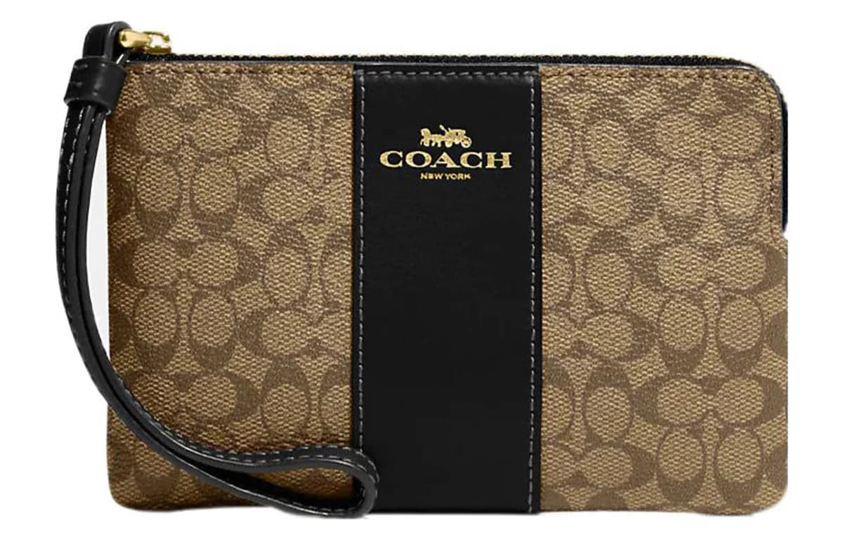 COACH Corner Zip Dəri Klutch Çanta Qadın Xaki/Qara