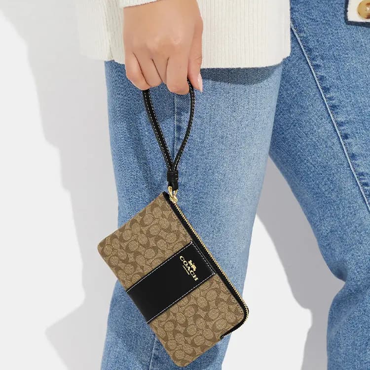 COACH Corner Zip Dəri Klutch Çanta Qadın Xaki/Qara 4