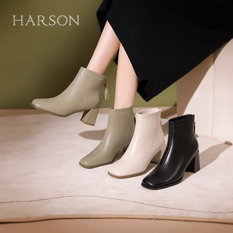 HARSON Sheep Leather Casual Versatile Square Toe Chunky Heel Zipper Ankle Boots 7cm Women's 21