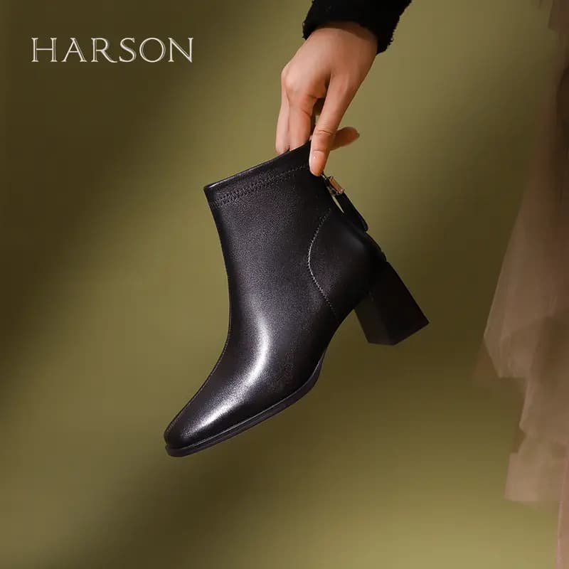 HARSON Sheep Leather Casual Versatile Square Toe Chunky Heel Zipper Ankle Boots 7cm Women's 5