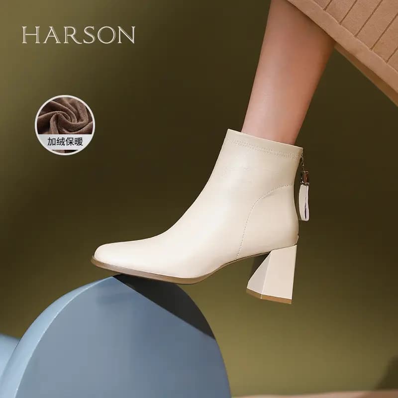HARSON Sheep Leather Casual Versatile Square Toe Chunky Heel Zipper Ankle Boots 7cm Women's 36