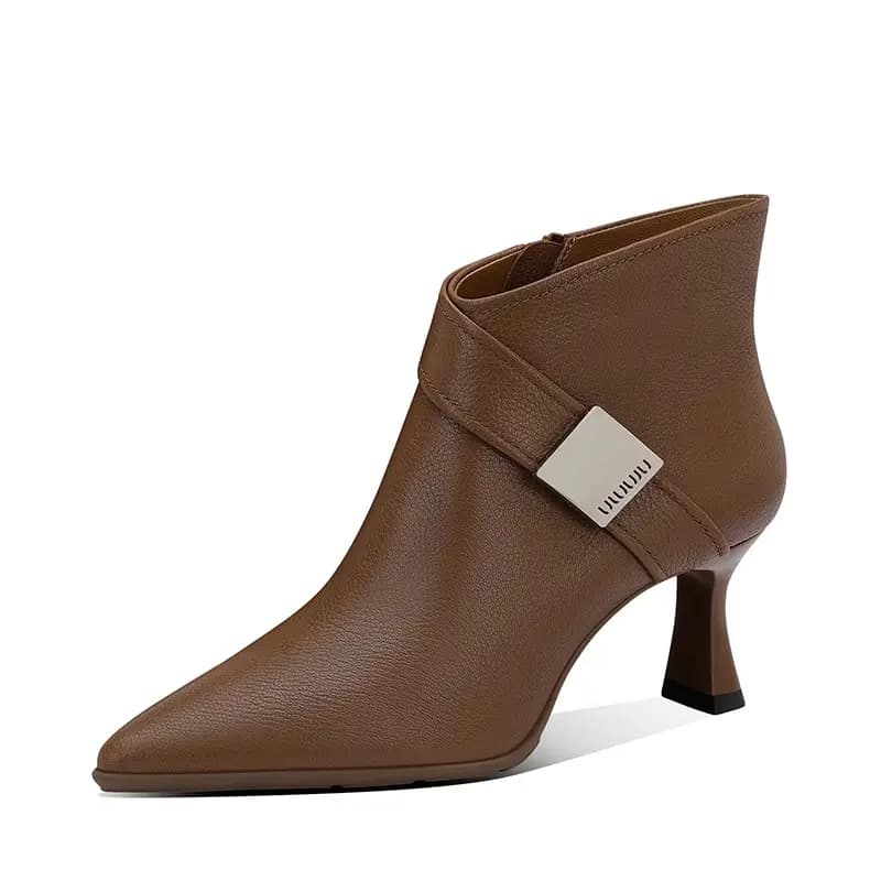JESSICA SOPHIA Sheepskin Vintage Comfortable Non-Slip Pointed Toe Thin Heel Ankle Boots 6cm Women's