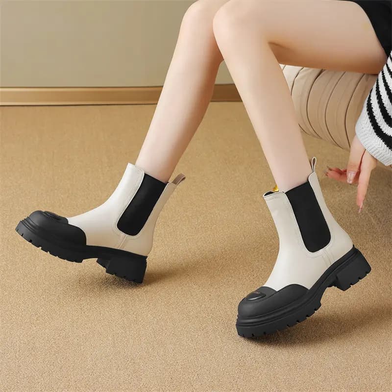 Zhuoshini Fleece-Lined Warm Panda Color Block Synthetic Leather Rubber Sole Heightening 5cm Chelsea Boots Women's Cream White 7