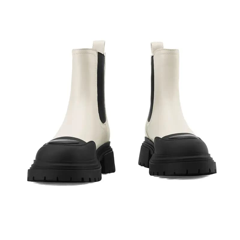 Zhuoshini Fleece-Lined Warm Panda Color Block Synthetic Leather Rubber Sole Heightening 5cm Chelsea Boots Women's Cream White 3