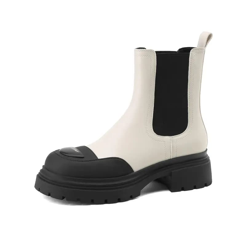 Zhuoshini Fleece-Lined Warm Panda Color Block Synthetic Leather Rubber Sole Heightening 5cm Chelsea Boots Women's Cream White 2