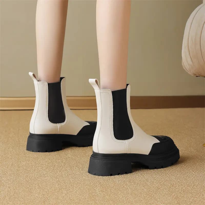 Zhuoshini Fleece-Lined Warm Panda Color Block Synthetic Leather Rubber Sole Heightening 5cm Chelsea Boots Women's Cream White 5