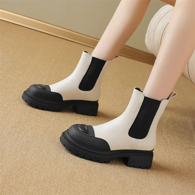 Zhuoshini Fleece-Lined Warm Panda Color Block Synthetic Leather Rubber Sole Heightening 5cm Chelsea Boots Women's Cream White 4